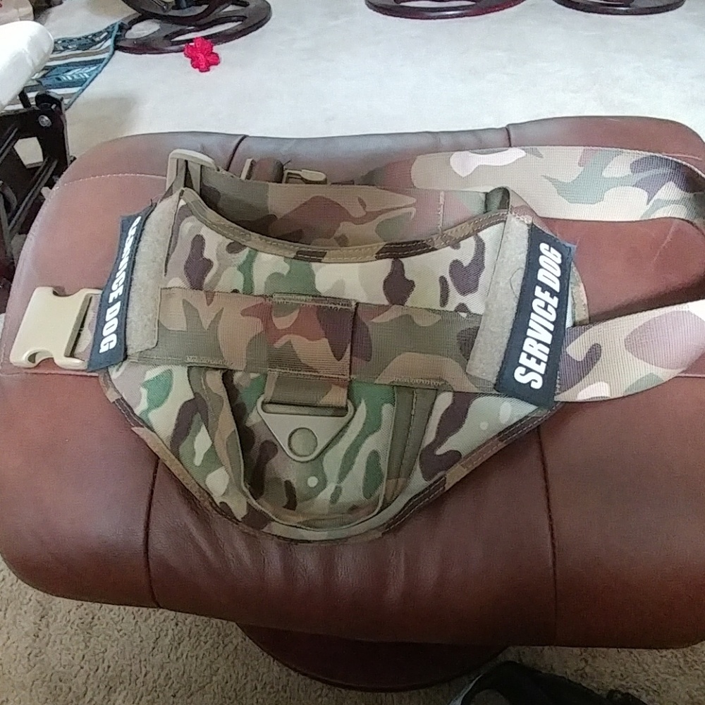 Camouflage heavy-duty service dog vest.