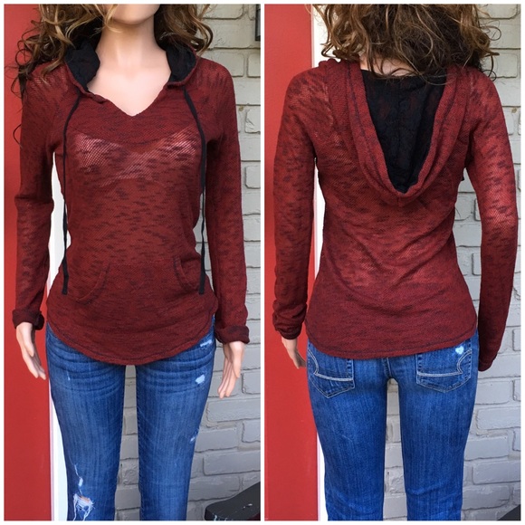Self Esteem Tops - Cranberry black lace hood top