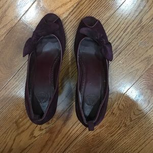 Purple Suede Peep Toe wedges.