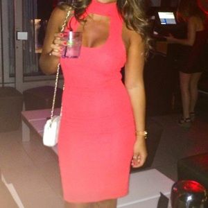 Keyhole Coral Midi Bodycon Dress