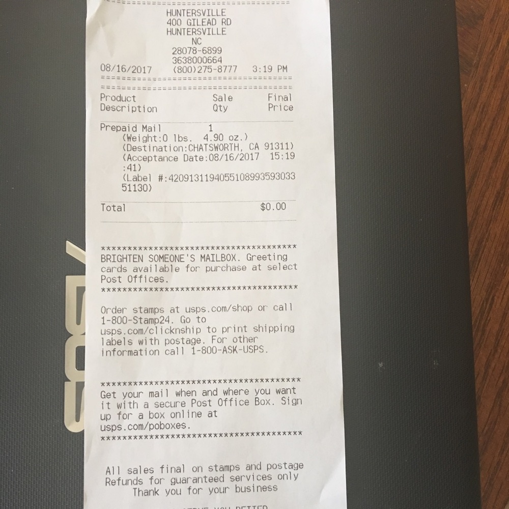 Receipt of shipping for Vanillaskygirl.