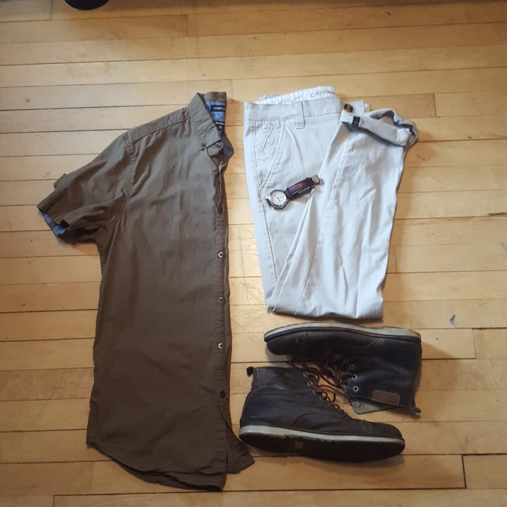 Green button down t-shirt.