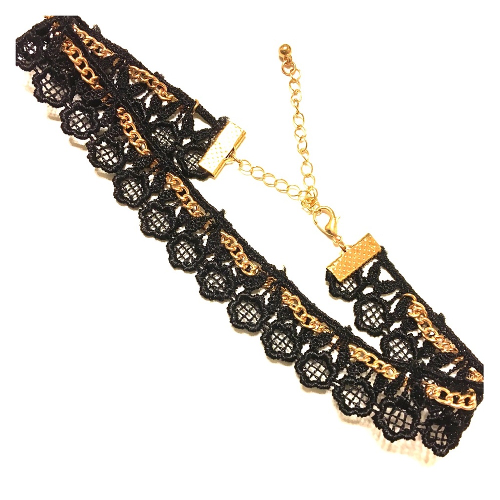 Black lace choker with gold details