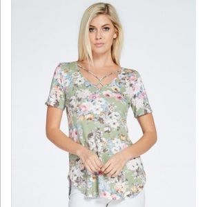 NWOT Criss-Cross Front Floral Tee
