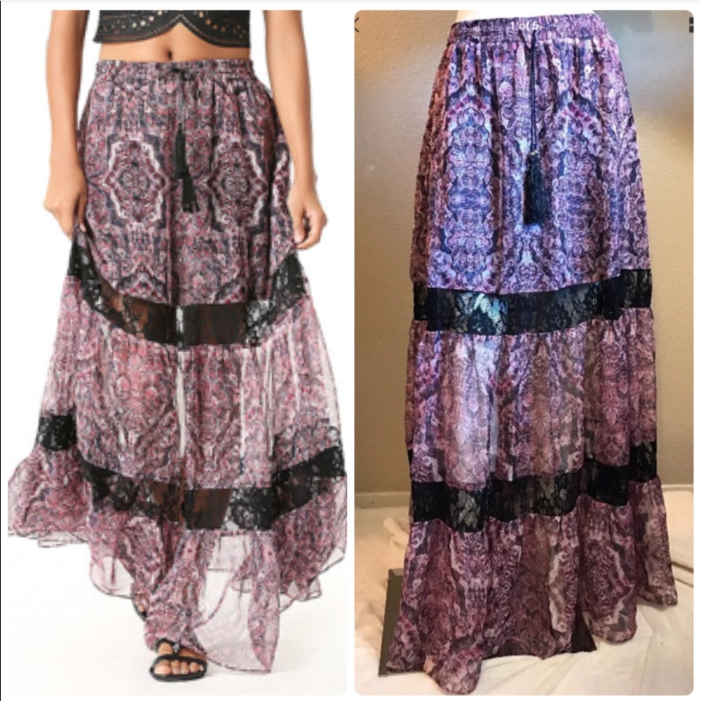 Bebe Printed Lace Inset Maxi Skirt