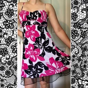 Black White Pink Floral Empire Waist Party Dress