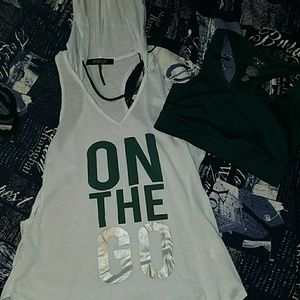 Hooded sleeveless workout top and sports bra