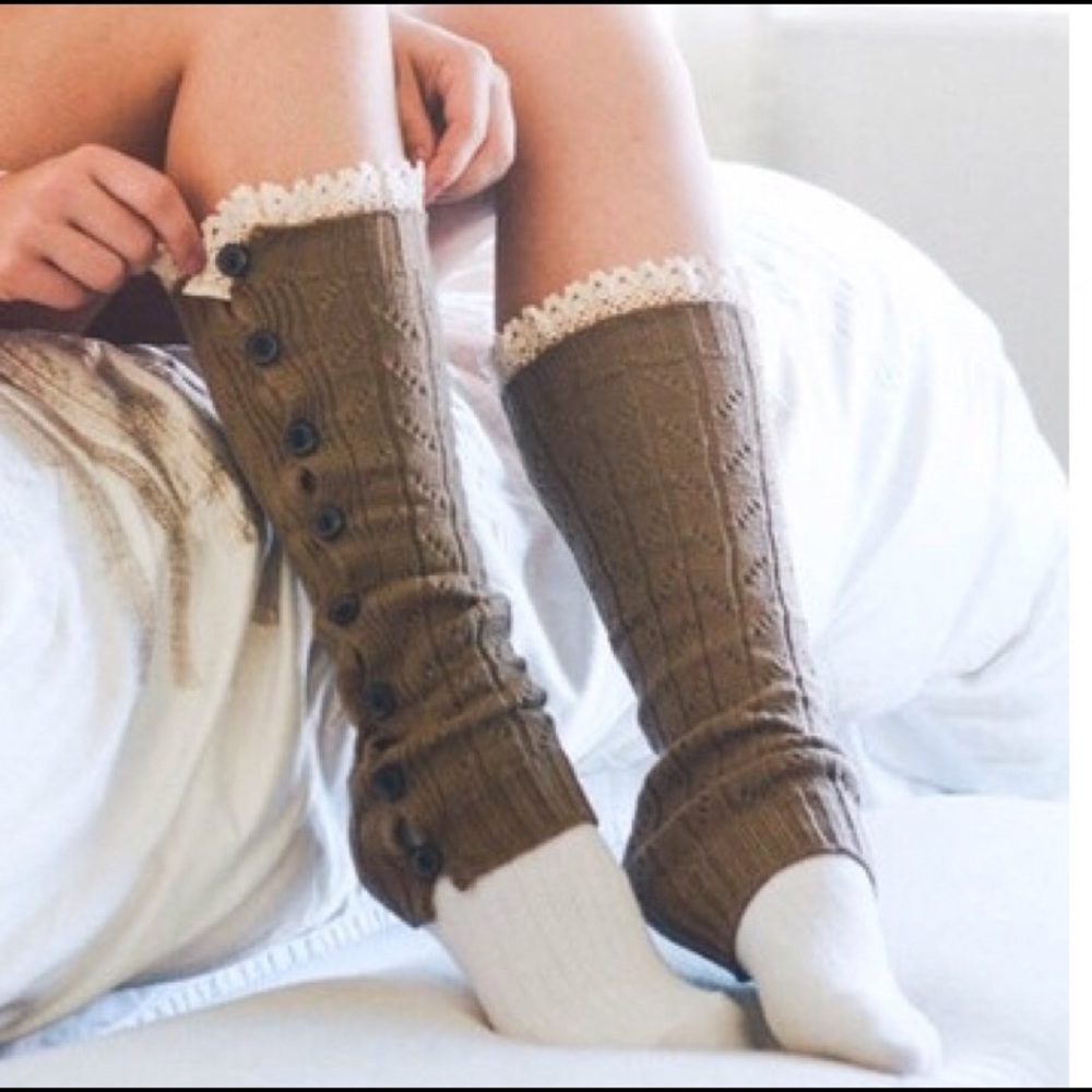New❣️Mocha Leg Warmers with Lace Trim - Picture 2 of 2