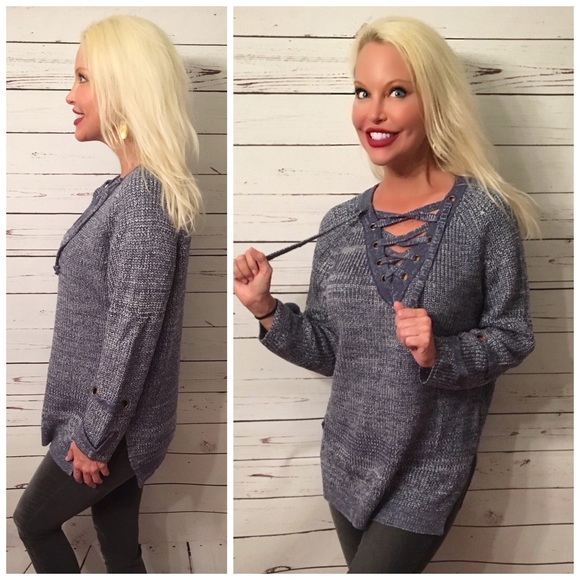 LAST ONE! ❤️Lace up denim blue sweater - Picture 2 of 5