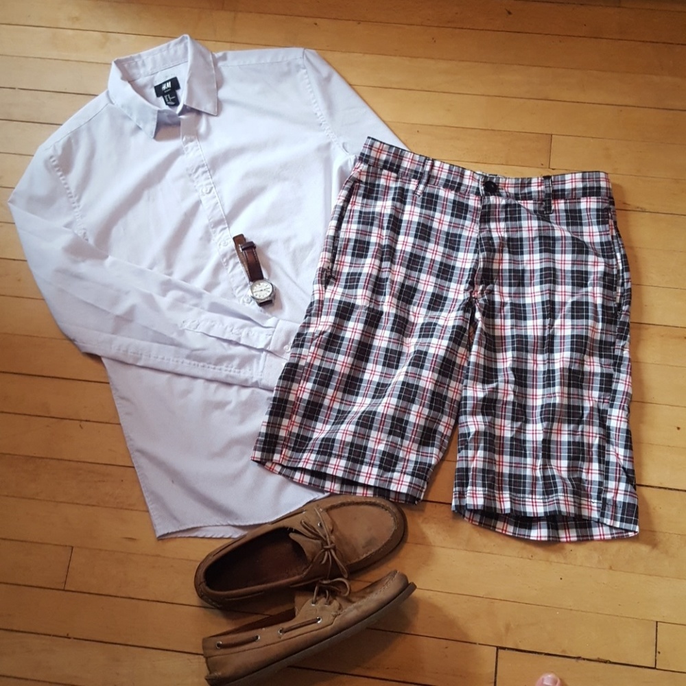 Red black and white pattern shorts