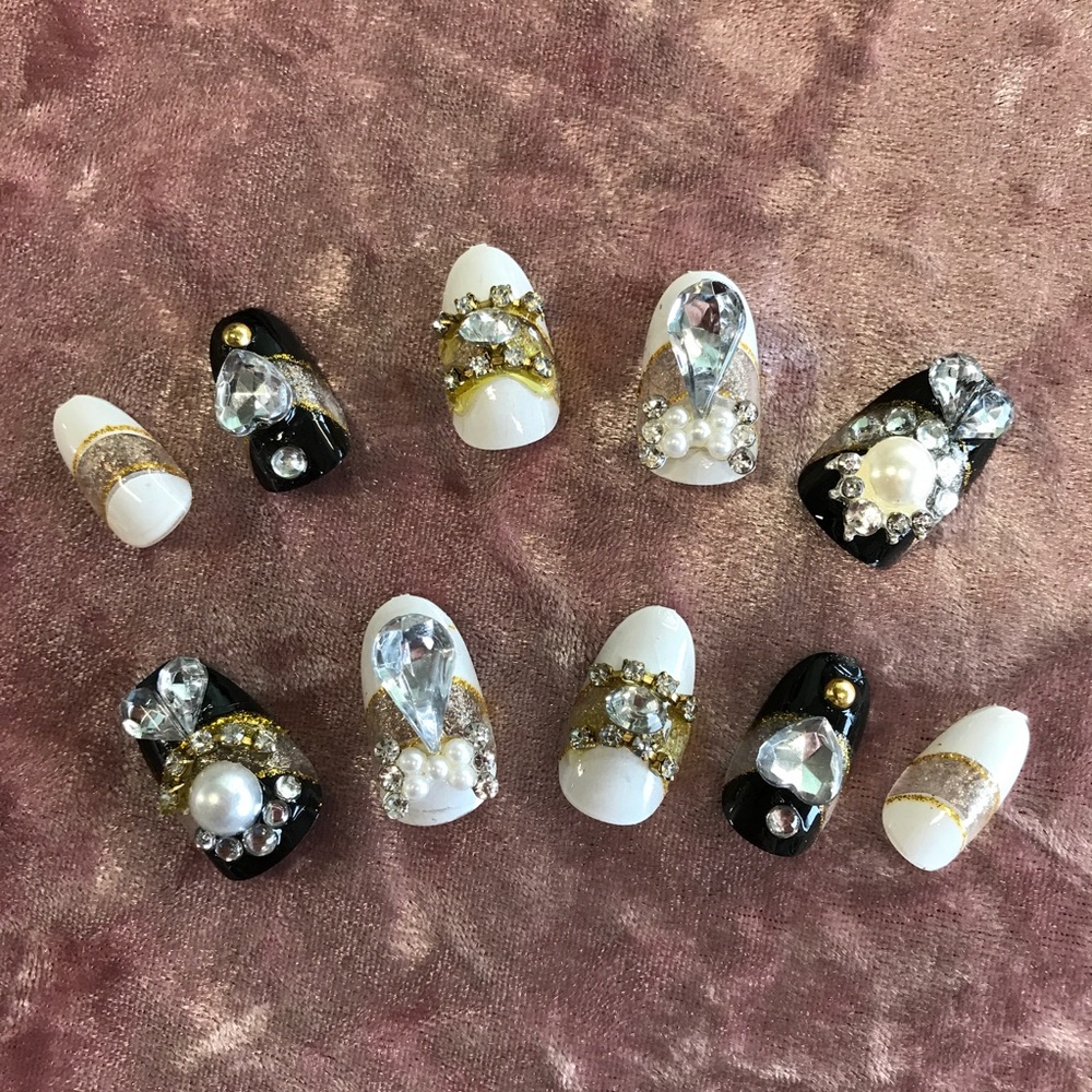 💎Stone&Pearl Black+White Stiletto Nail Tip💎