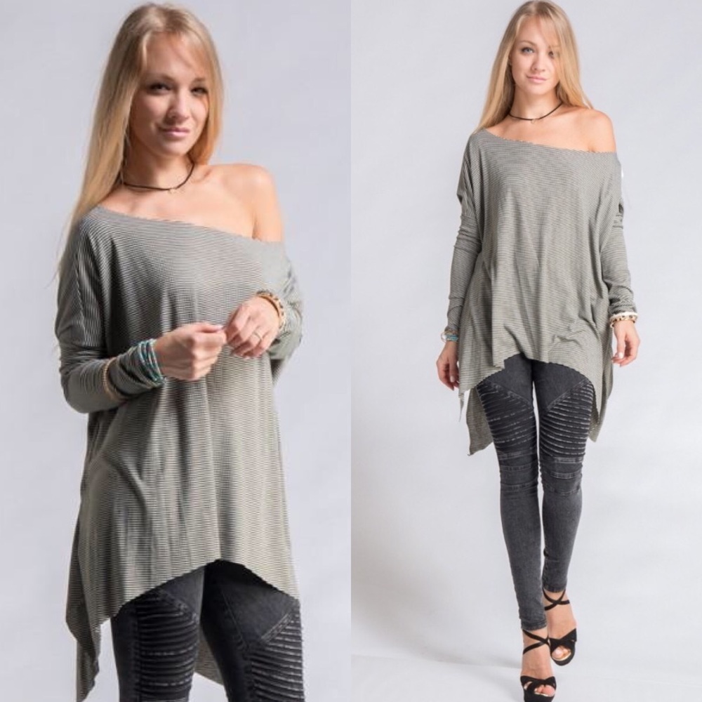 Olive Stripe Off Shoulder Tunic - Picture 2 of 3