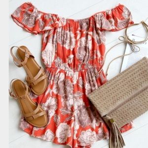 AMUSE SOCIETY KISS & TELL CORAL FLORAL ROMPER