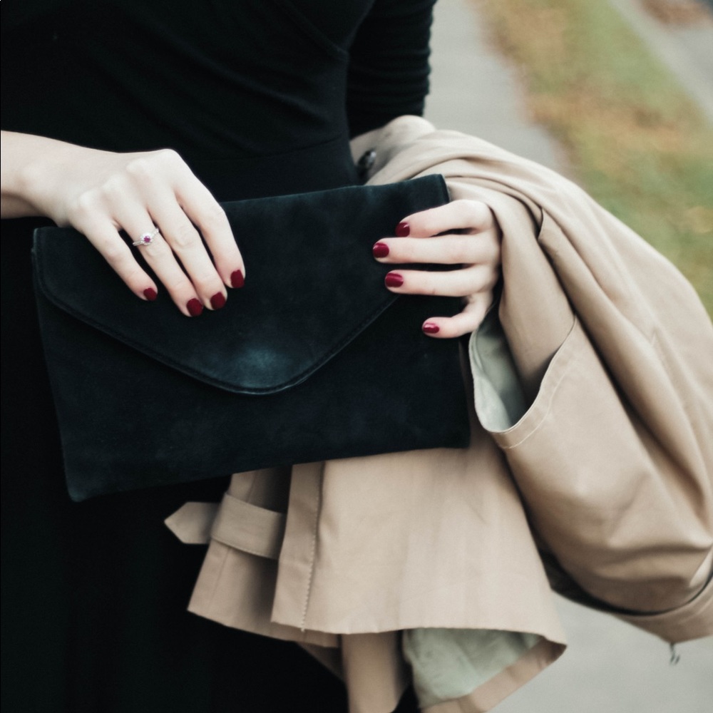 J. Crew Black Suede Envelope Clutch Bag with Chain