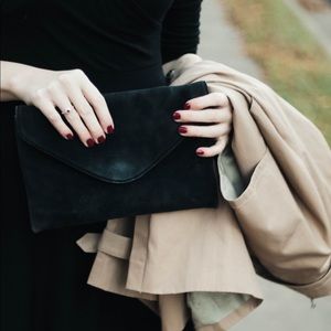 J. Crew Black Suede Envelope Clutch Bag with Chain