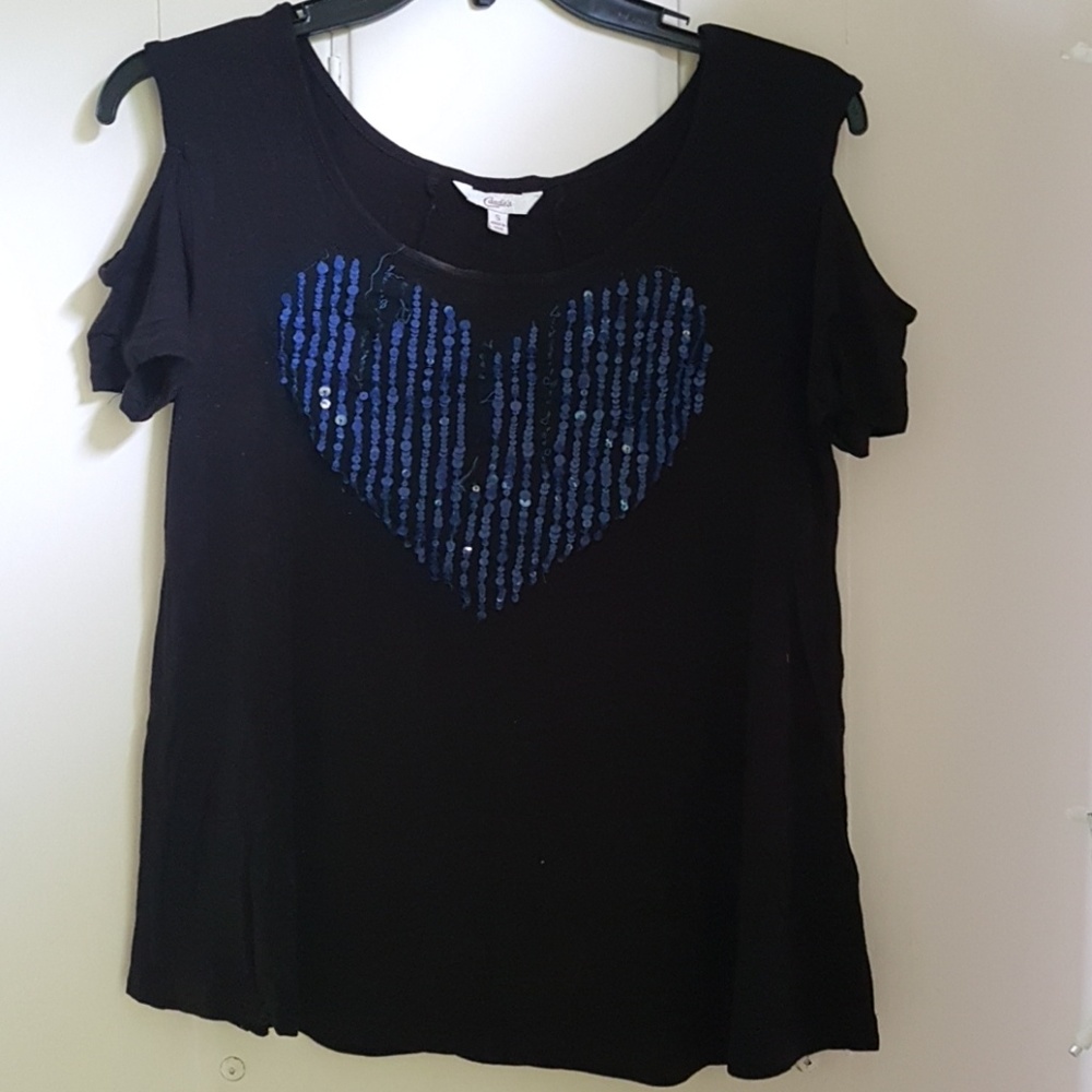 Black cold shoulder top with blue heart sequins