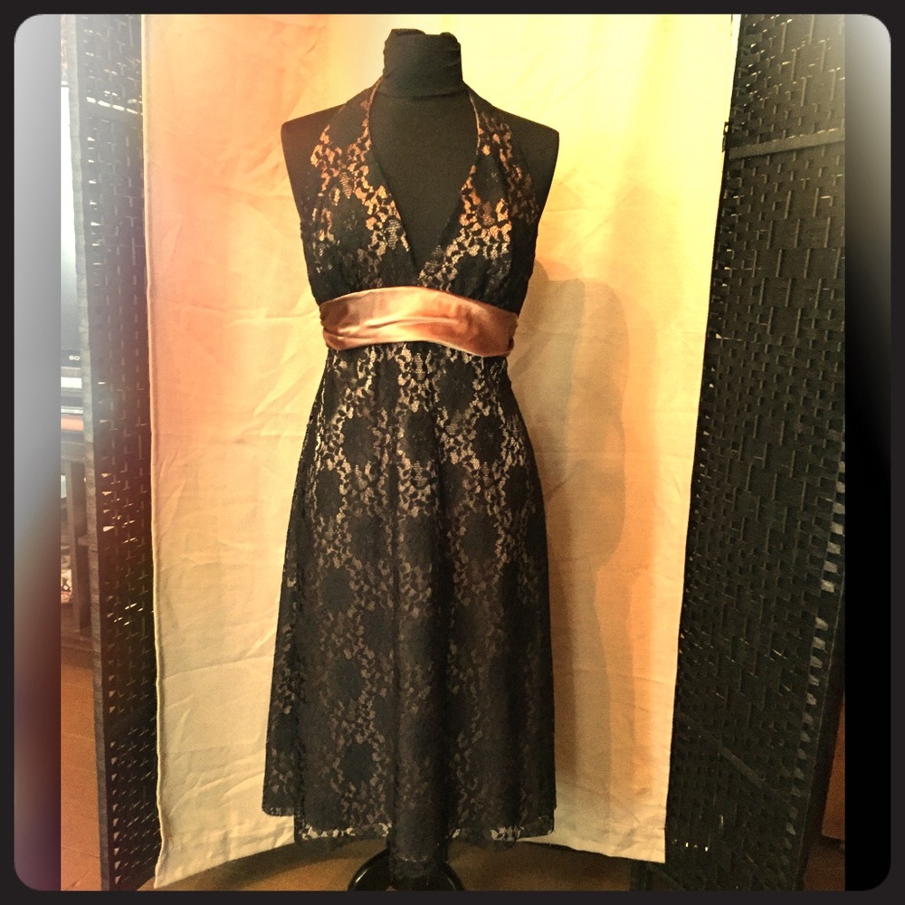 Black lace dress with silk bronze color lining