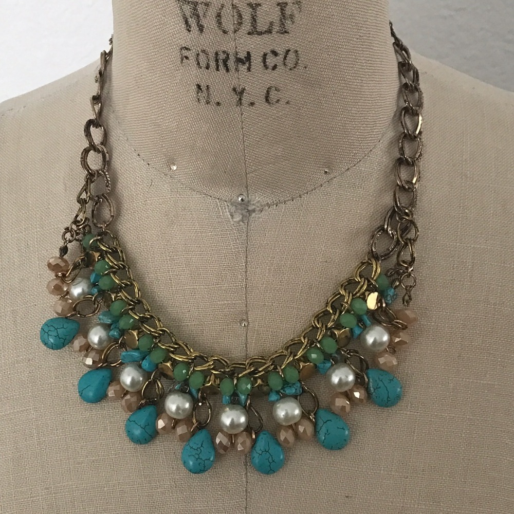 Turquoise and pearl statement necklace