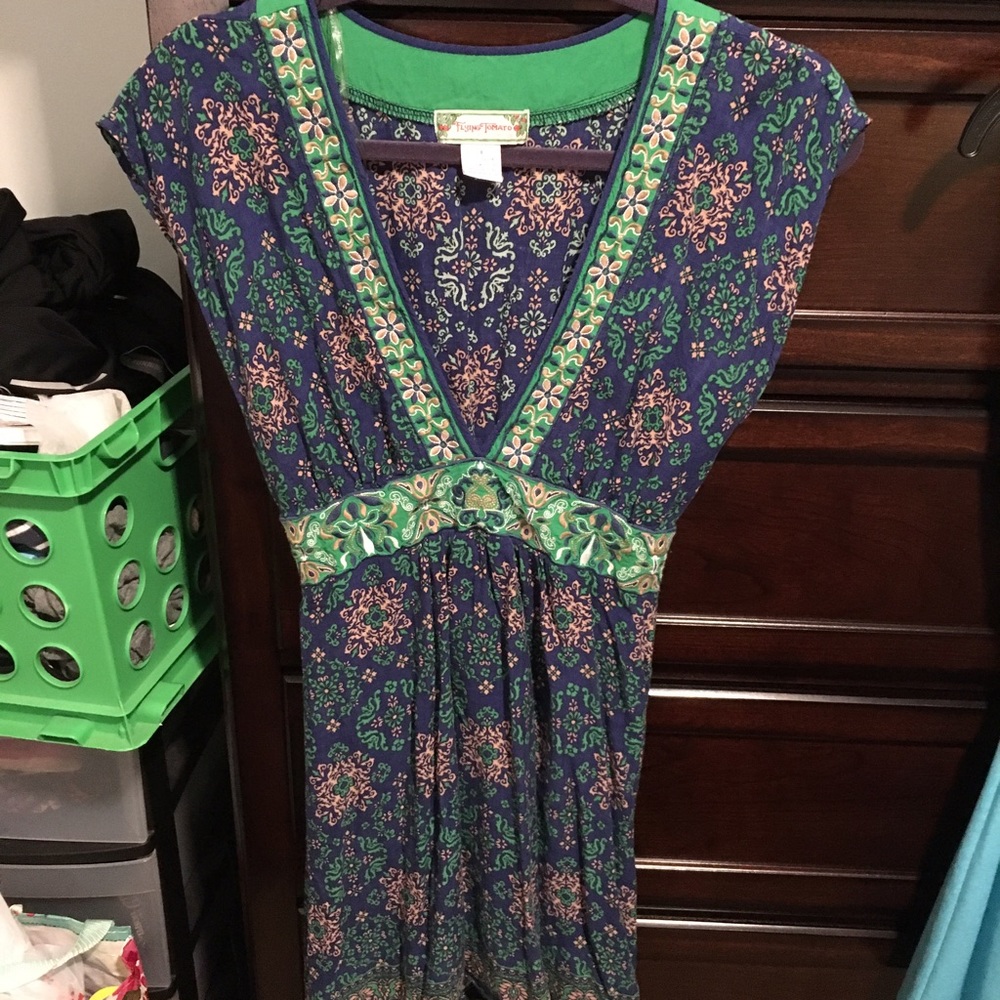 Navy and Green Print Dress
