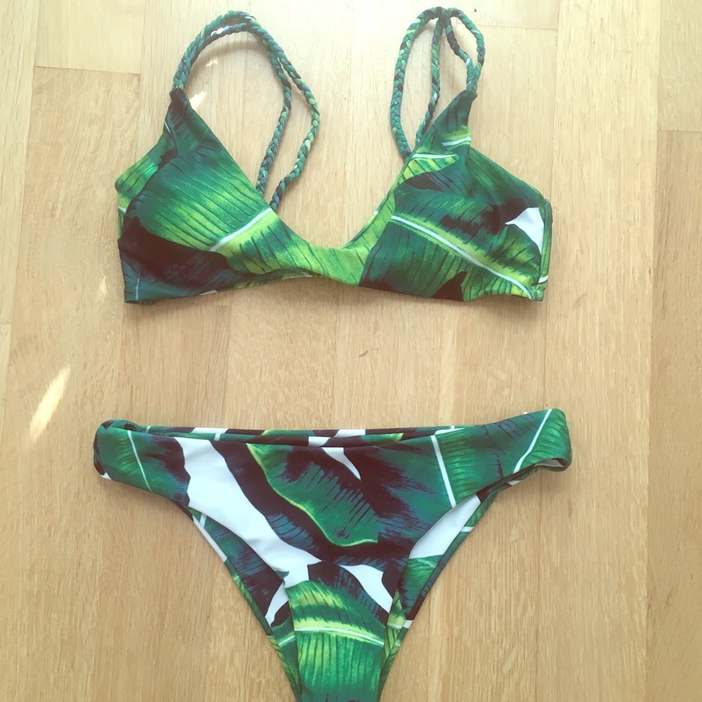 Green and white floral bikini top and bottom