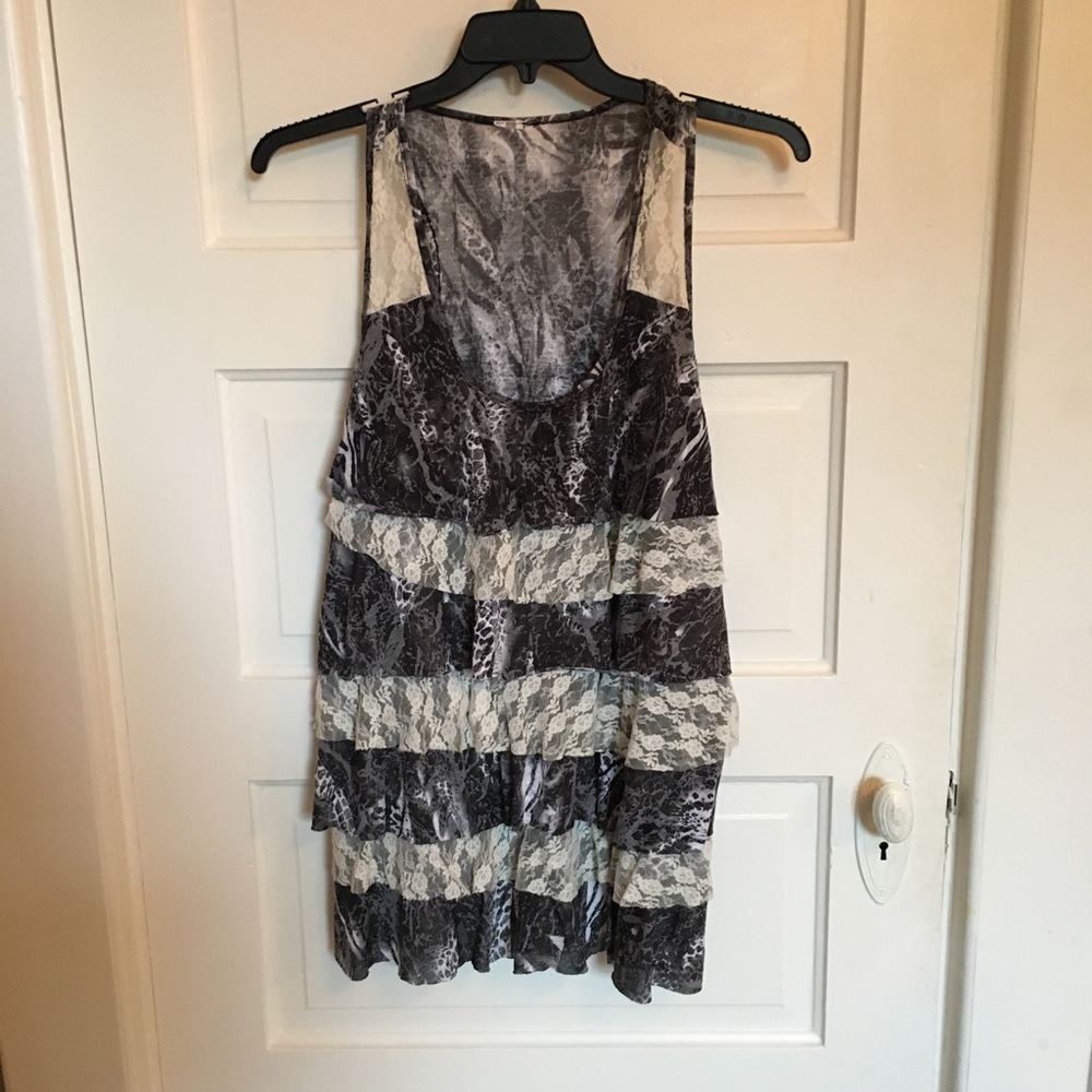 Grey and black sleeveless top with lace detail