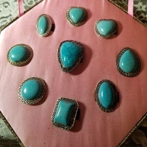 Turquoise Rings Set Of 9 Adjustable Silver