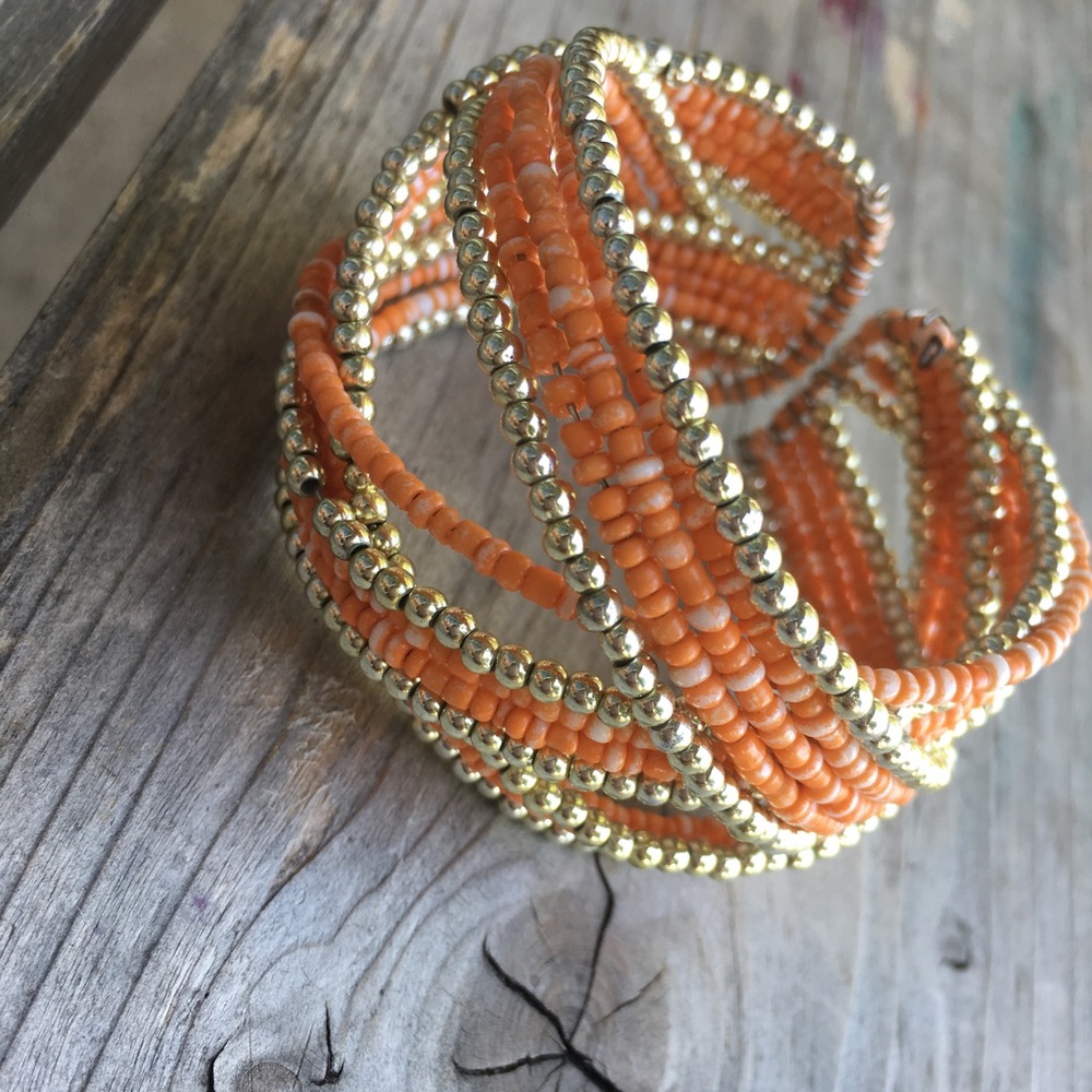Burnt Orange/Gold Beaded Bracelet Cuff