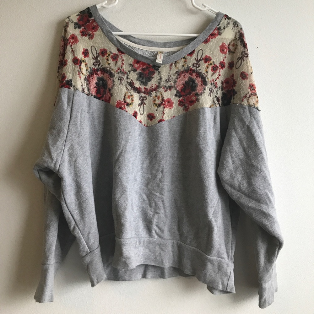 Free People Embroidered Floral Crew Neck Sweater