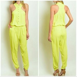 閭ORDER TODAY閭 Yellow Button Down Jumpsuit