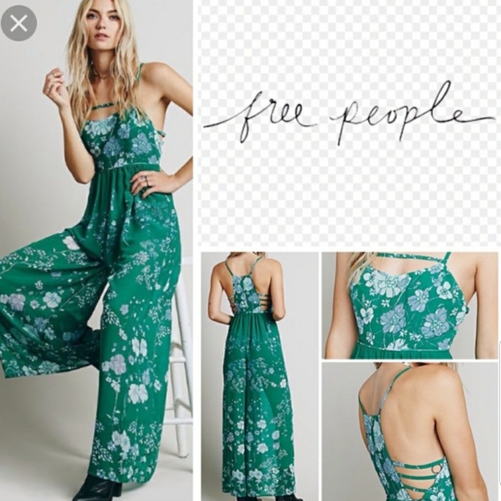 Free People Green Floral Chiffon Jumpsuit.