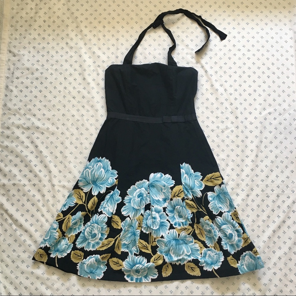 black fit and flare halter dress, floral, size 8