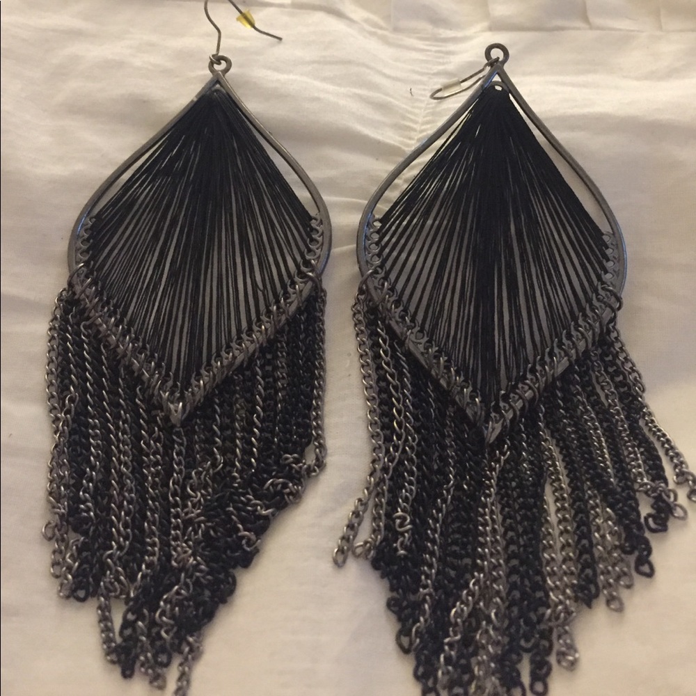 Black and Silver Chain Threaded Hanging Earrings