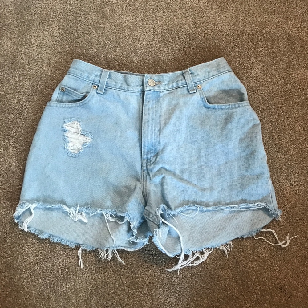 Light wash, high waisted distressed jean shorts