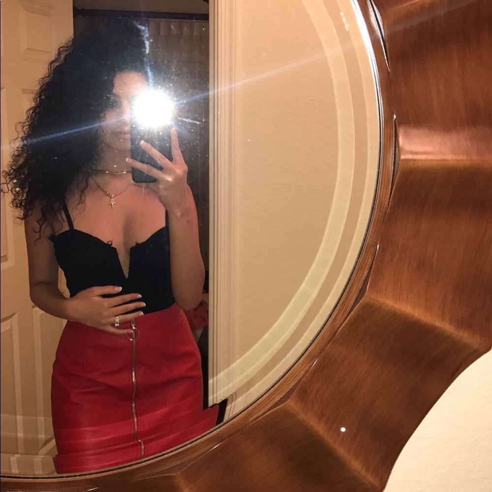 Leather red mini skirt