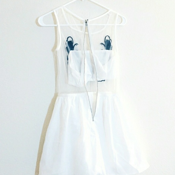 Nastygal Bandeau Mesh Embroidered Dress White Navy - Picture 2 of 5