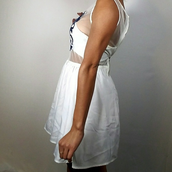 Nastygal Bandeau Mesh Embroidered Dress White Navy - Picture 5 of 5