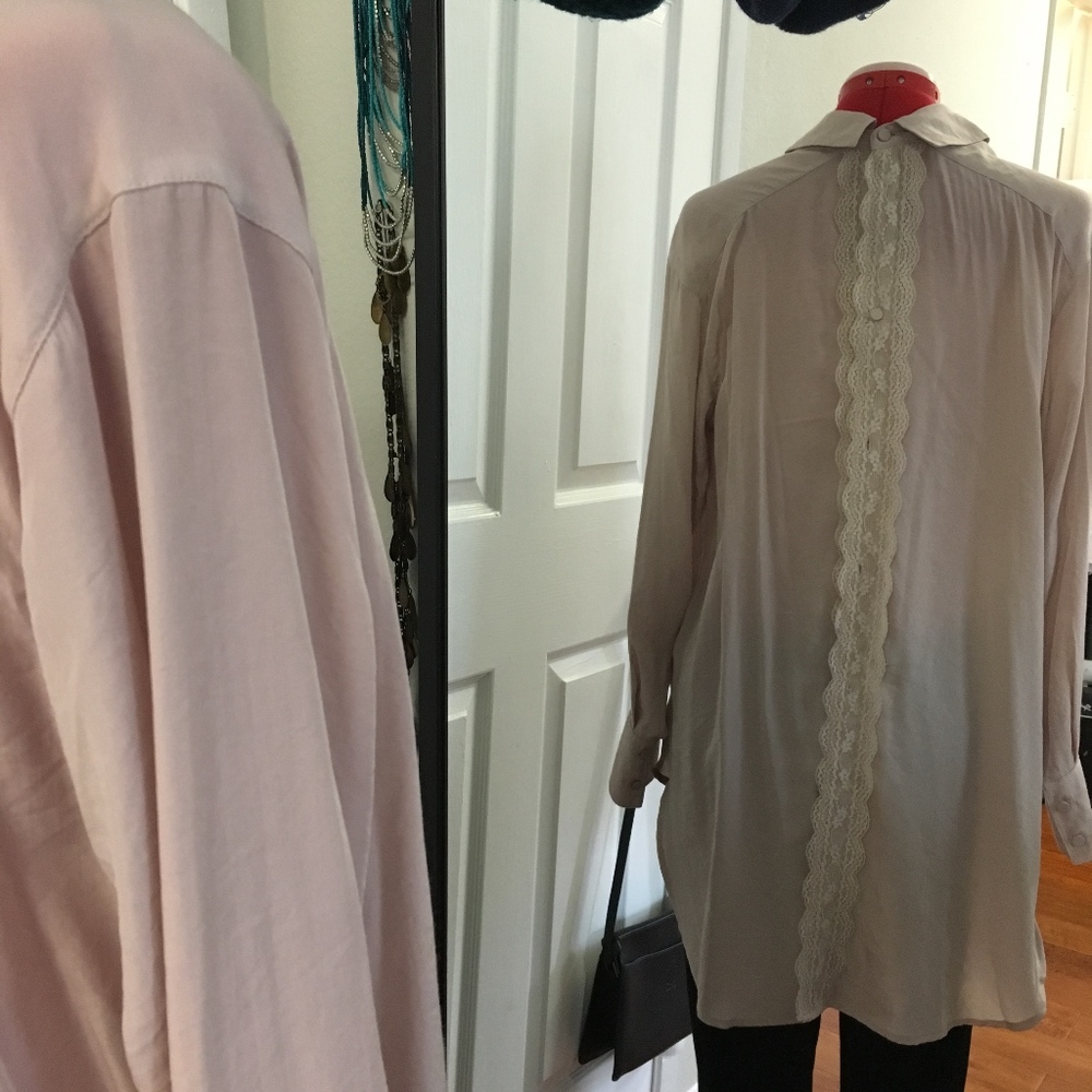 Asymmetrical Neutral Loose Blouse Lace Back