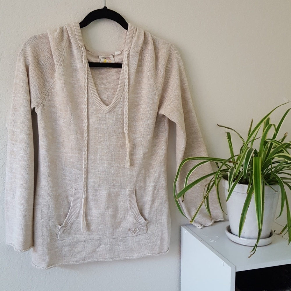 Roxy v neck knitted hoodie sweater tan and cream