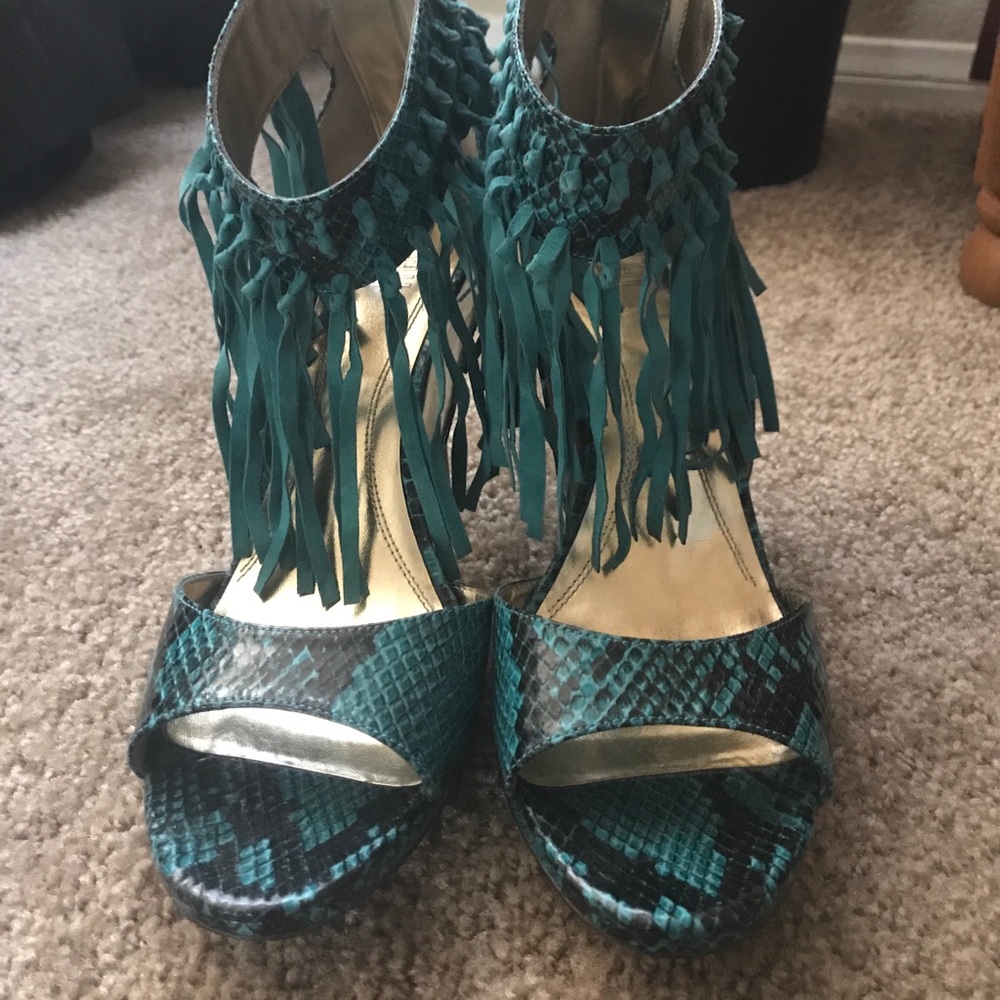 Falchi Teal Heels With Fringe