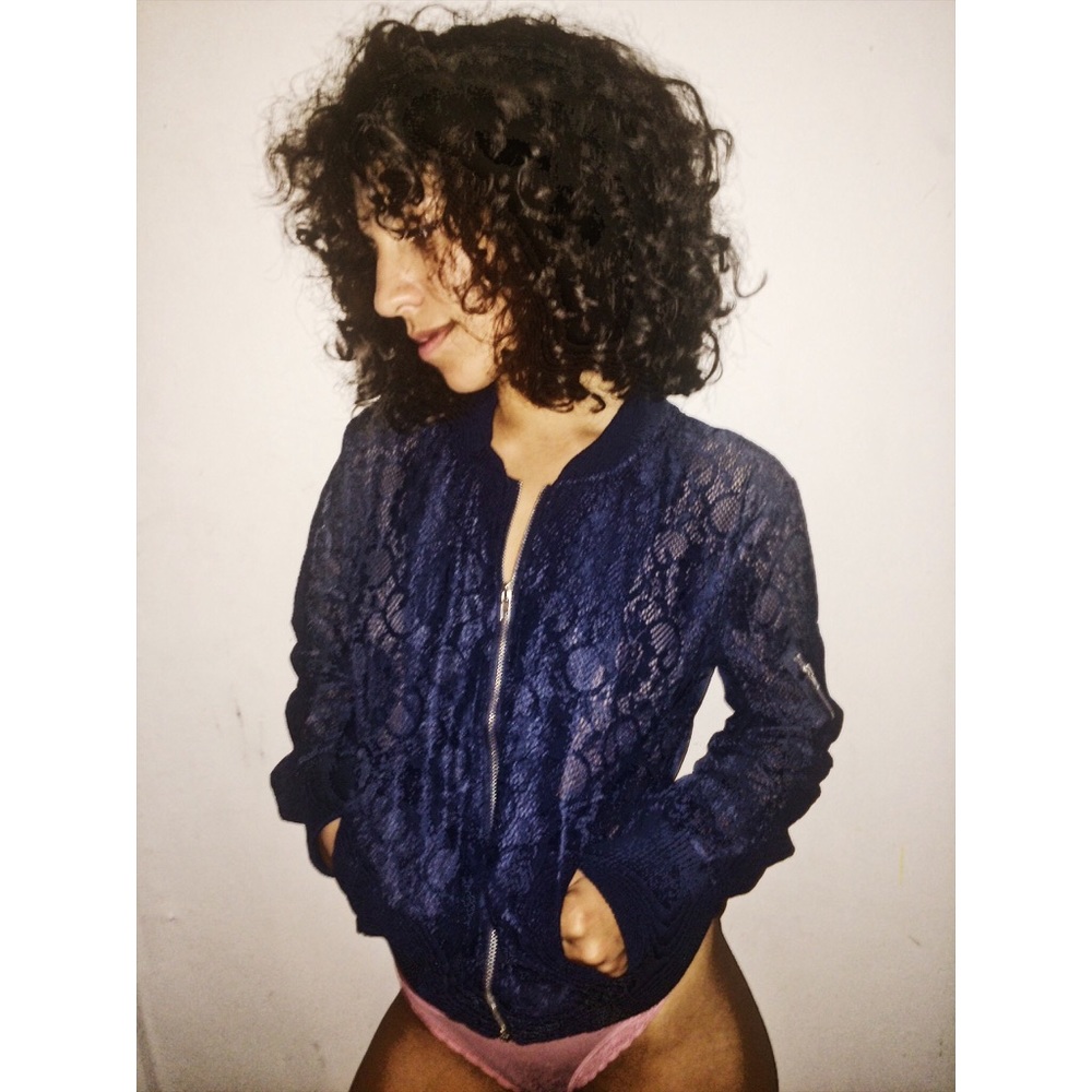 Navy Lace Bomber Jacket