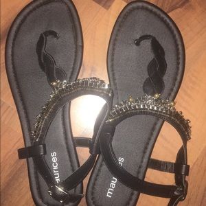 Embellished rhinestone black leather sandals