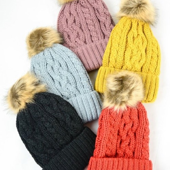 Black Cable Knit Beanie with Pom - Picture 2 of 4