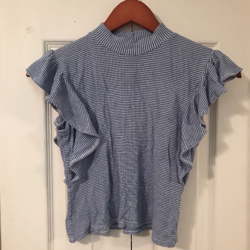 Blue and white striped ruffle crop top