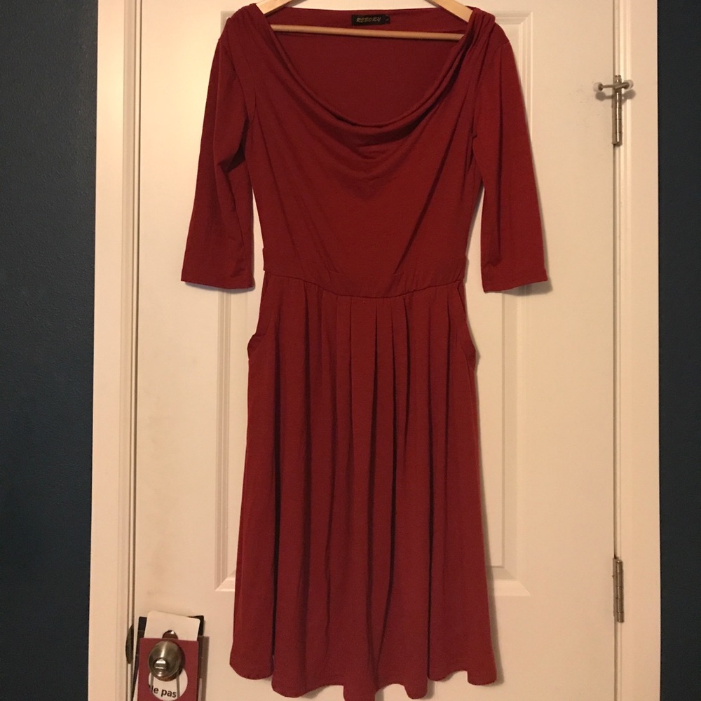 Red cowl neckline dress
