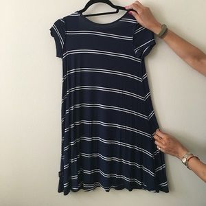 Blue striped rayon shift dress. Very flattering.