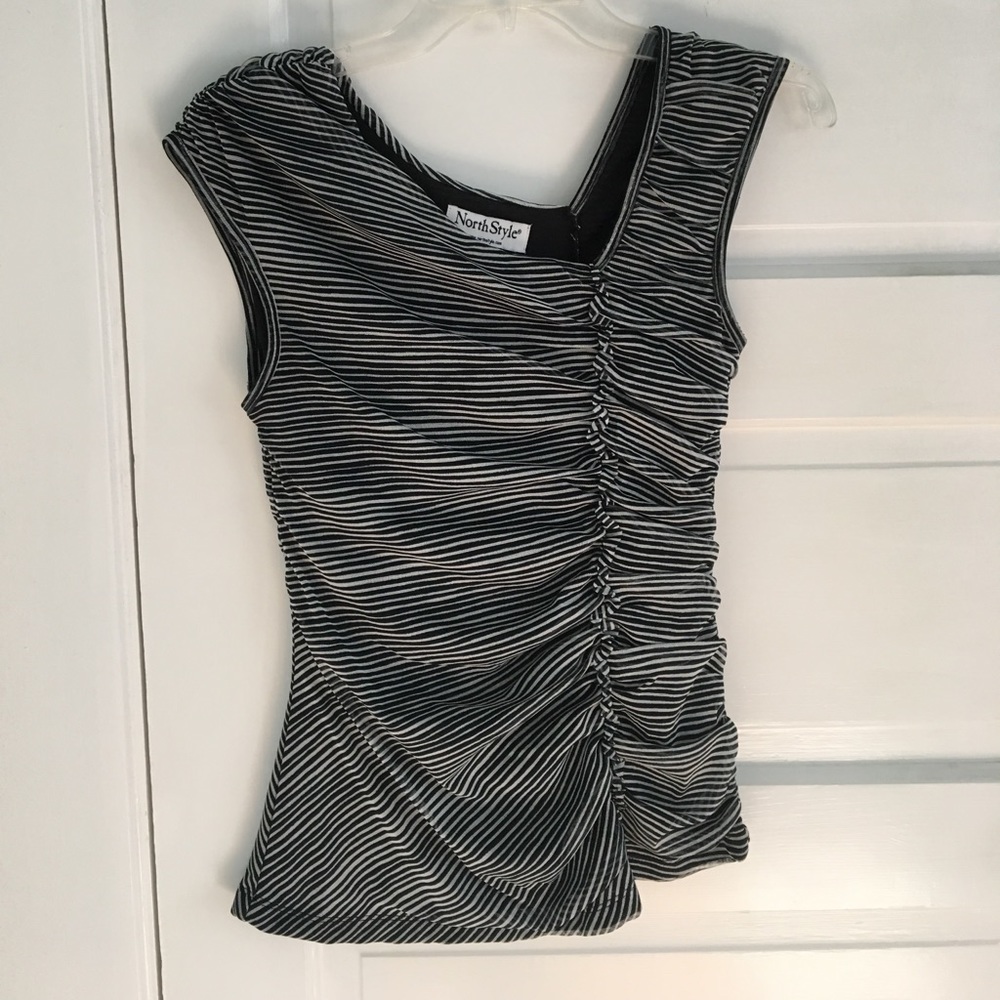 Black and white striped asymmetrical blouse