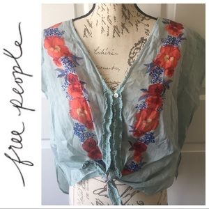 FREE PEOPLE Top Boho Tie Front Blue Floral Medium