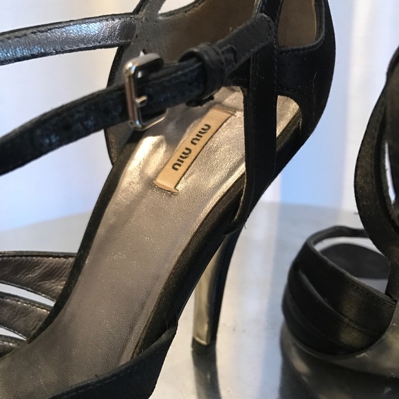 SALE!! MIU MIU Black Silk T-Strap Heels 36/5.5 - Picture 7 of 8