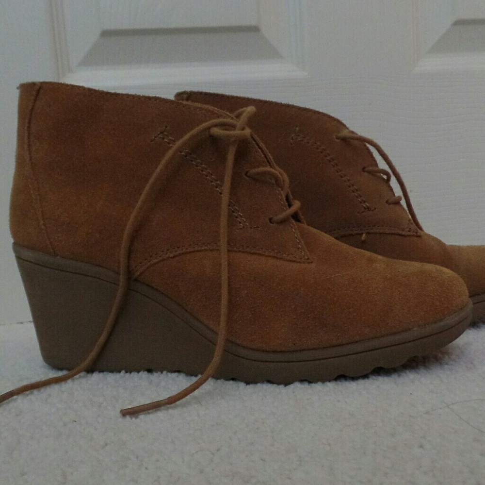 Camel colored suede wedge booties