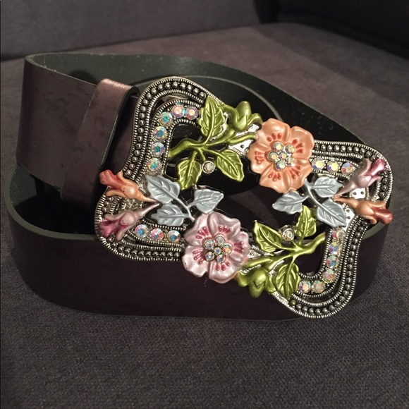 Metallic distressed leather belt w/ enamel buckle - Picture 1 of 5